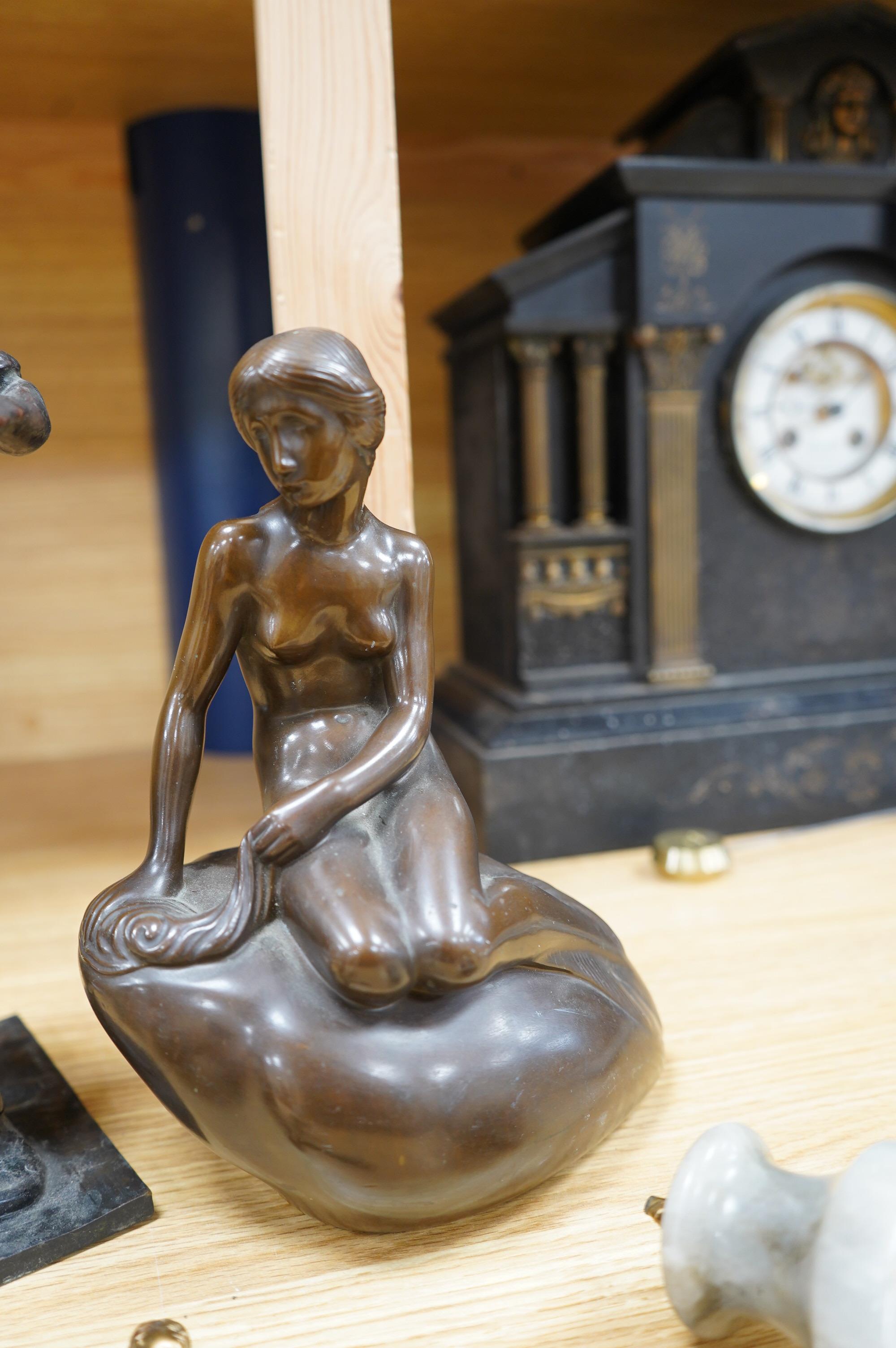 Five figural metal sculptures: a Copenhagen sculpture, signed Edvard Eriksen R.A, an Art Nouveau style bronze of a female figure stamped and dated, an enamelled figure of a musical Pierrot, another of a male figure and a